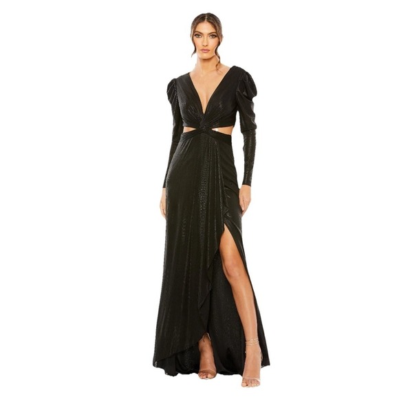 Ieena for Mac Duggal Black Princess Sleeve Cut Out Metallic Gown Womens Size 2